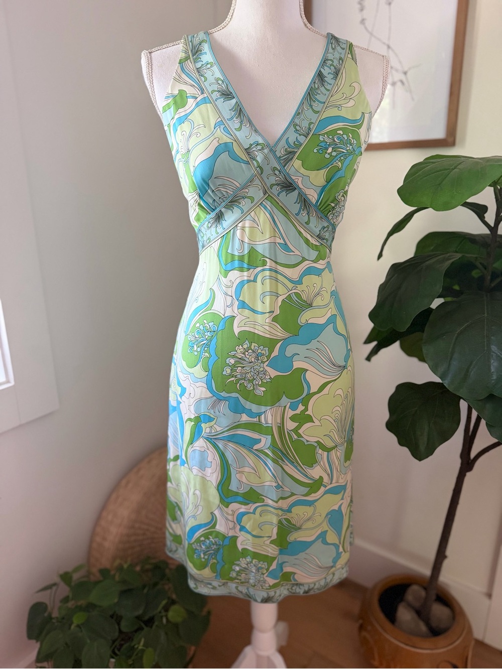 Ellie Tahari Retro Print Silk Stretch Knee Length Dress Size 10 - Picture 2 of 8